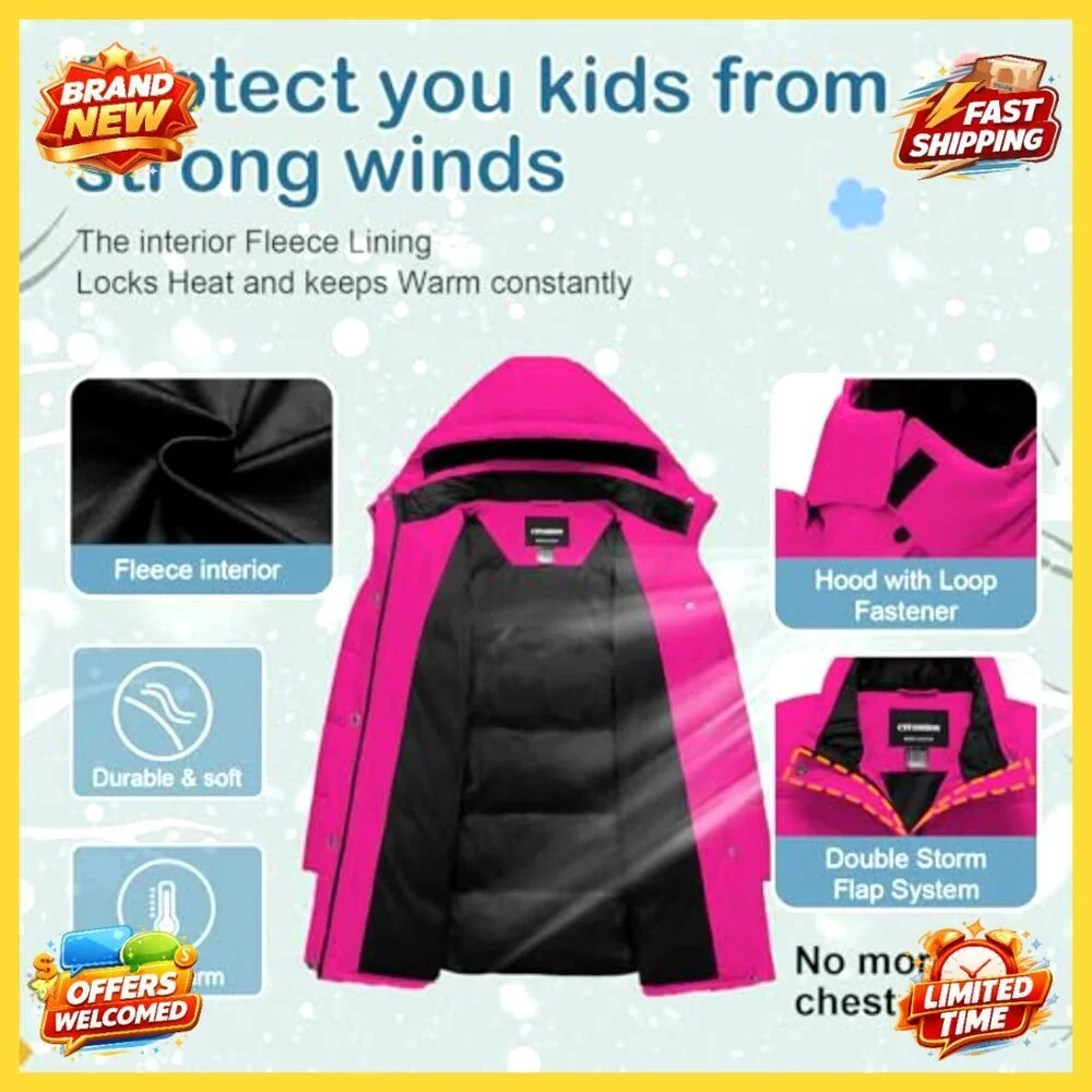Girls Winter Puffer Jacket Waterproof Hooded Ski Coat Warm Fleece Lined